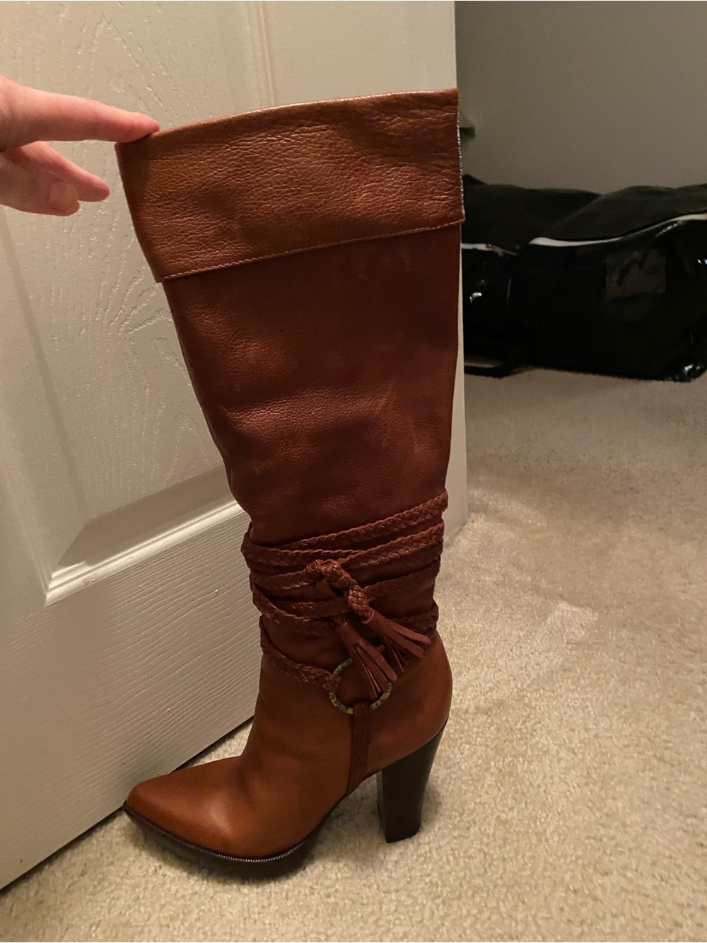 Vintage Vince Camuto Cognac Leather Braided-Accent Knee Boots - Picture 4 of 8